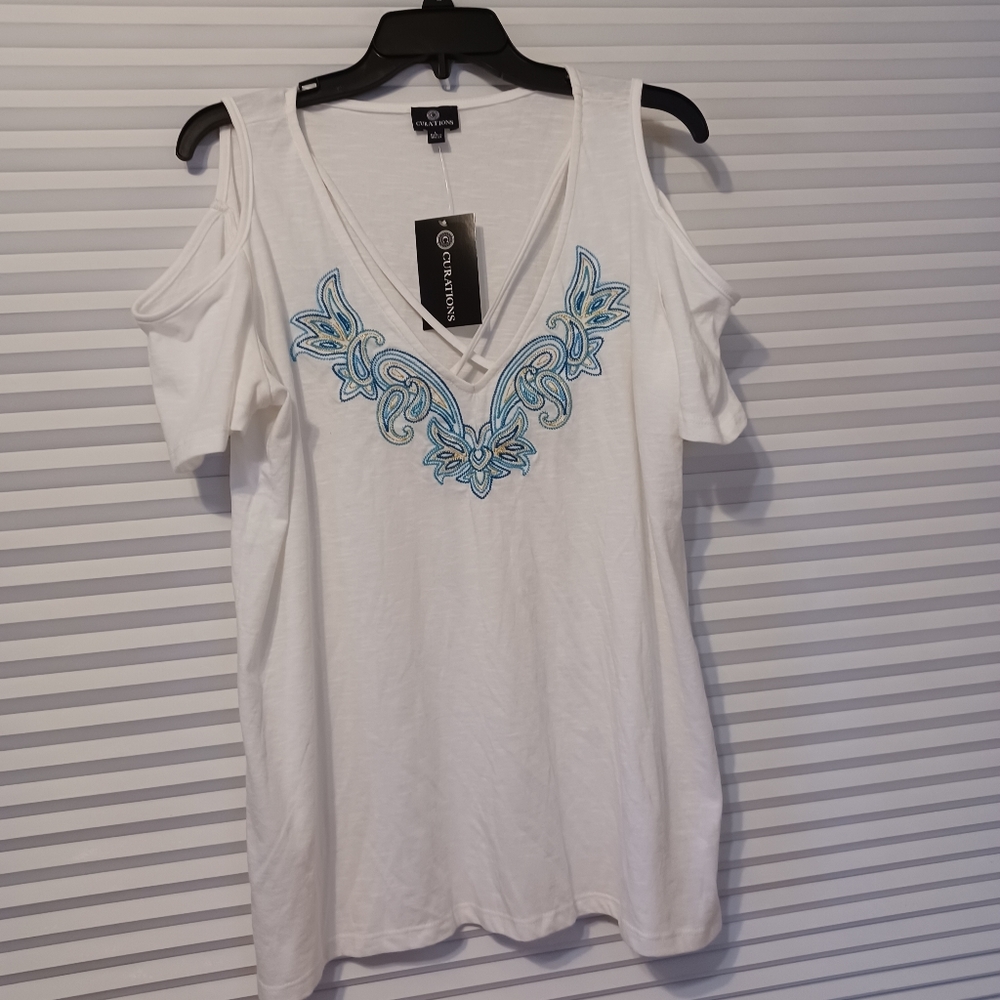 Curations Embroidered Cold Shoulder Top